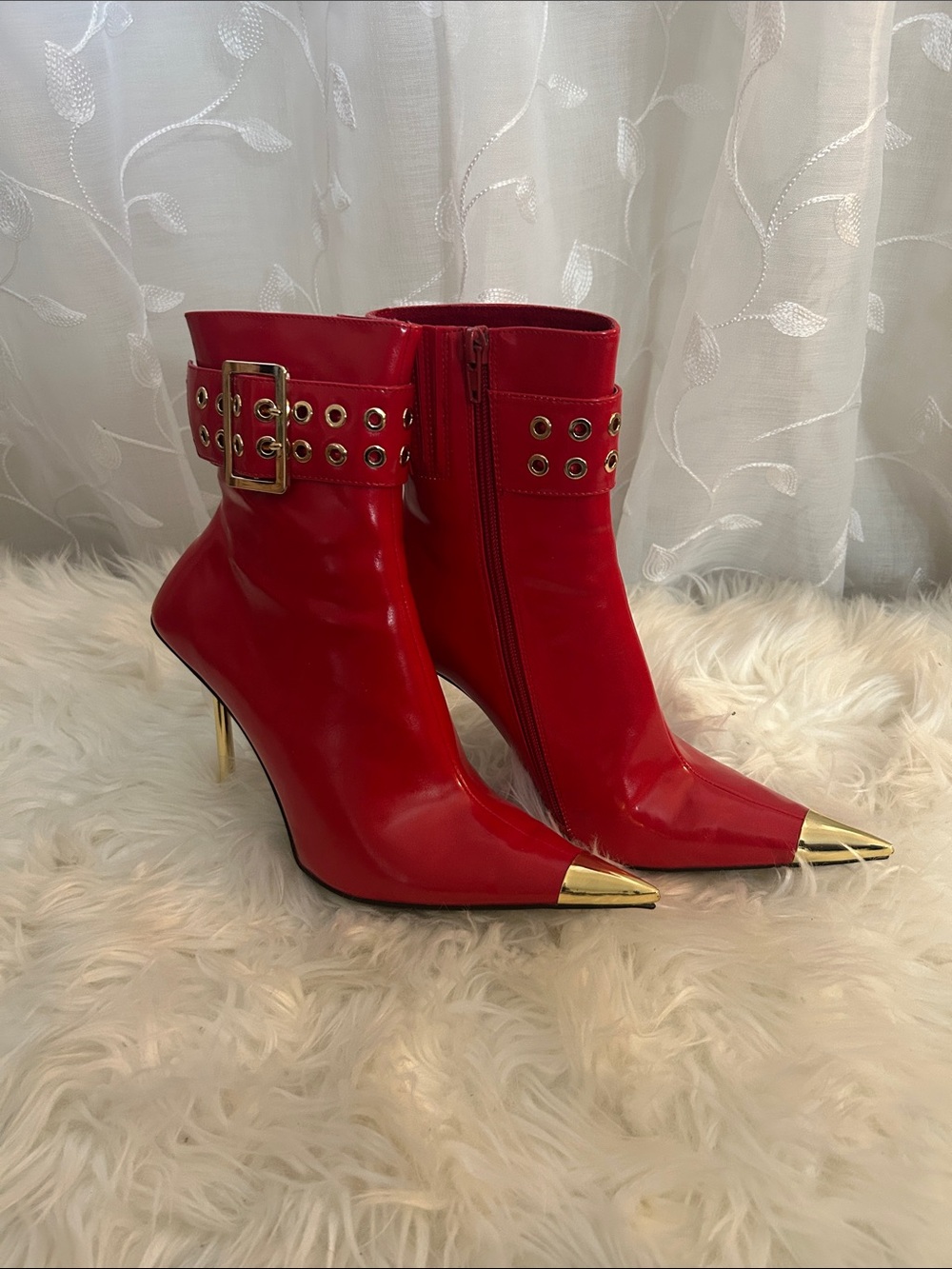 Jeffrey Campbell Red Patent Ankle Boots with Gold Toe Cap and Buckle Strap